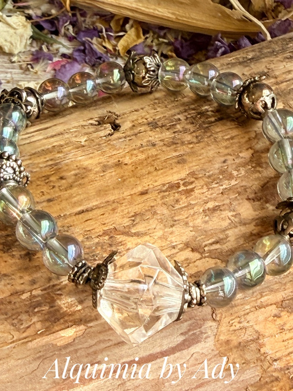 Iridescent Aura quartz Bead Bracelet with Clear Crystal rock Accent